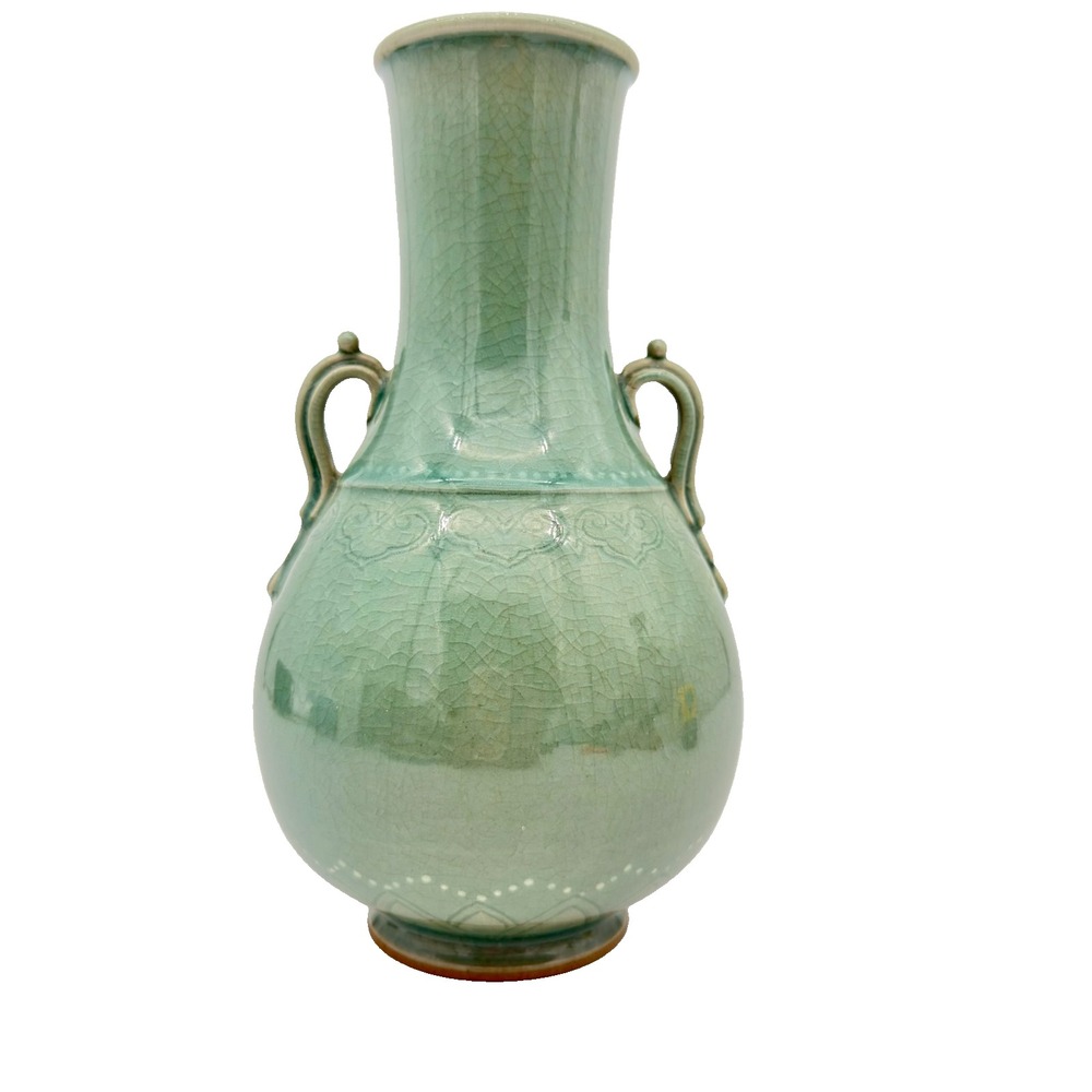 Vintage Korean Celadon Vase 9″ Green Crackle Glaze Handles "Made in Korea"